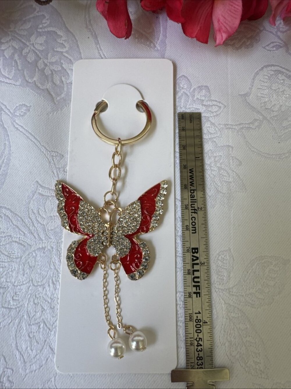 Bag Keychain Red Gold Butterfly Rhinestone Bag Charm Pearl Keyring NEW